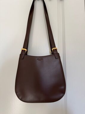 Celine Dark Brown Leather Shoulder Bag with Gold Hardware